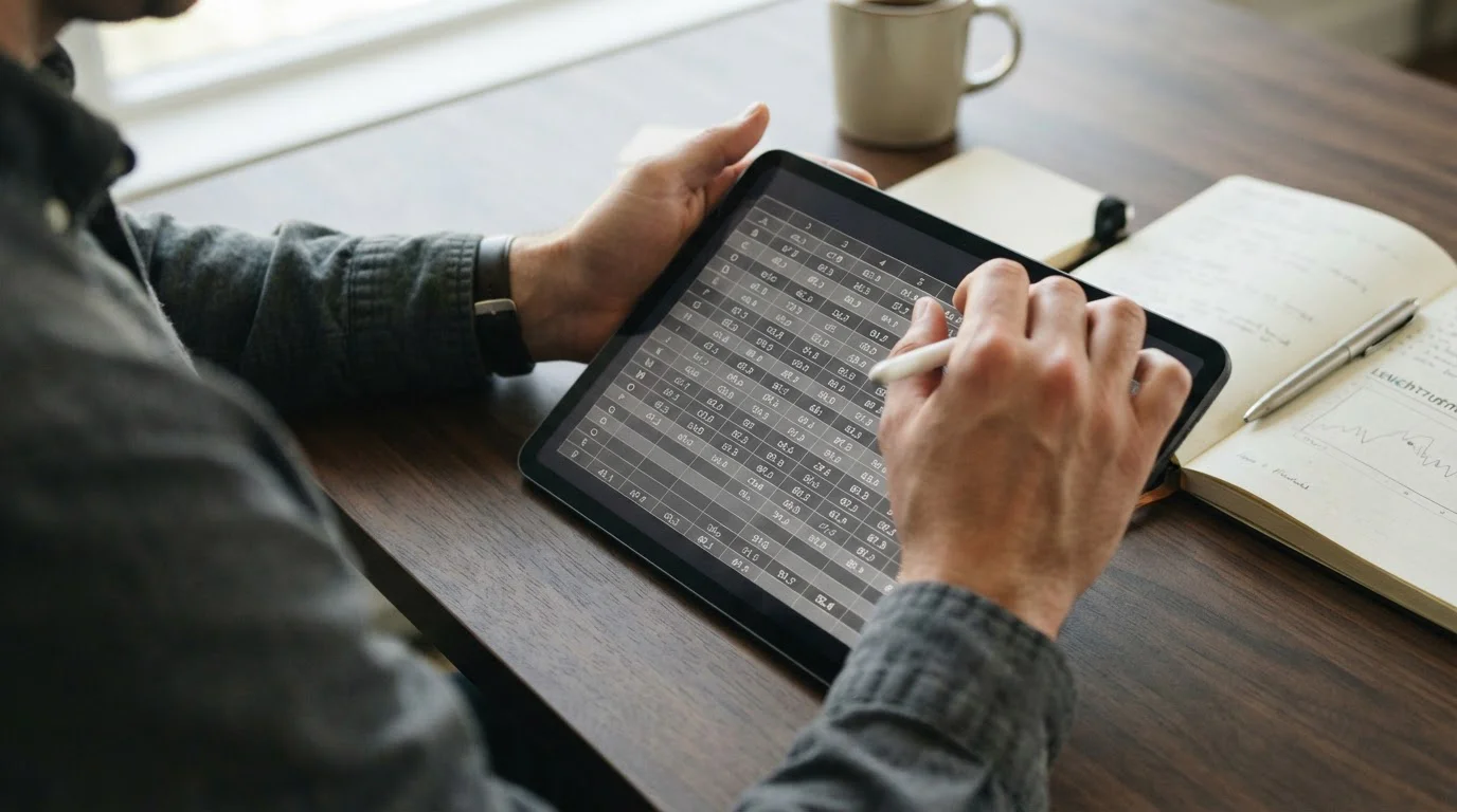 Hands über Tablet mit abstrakter Vergleichstabelle verschiedener Anbieter und Grenzwerte