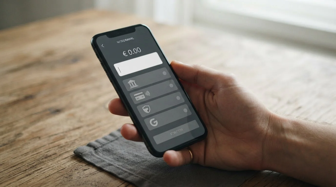 Smartphone zeigt abstrakten Auszahlungsbildschirm mit Betragsfeldern und neutralen Zahlungsoptionen