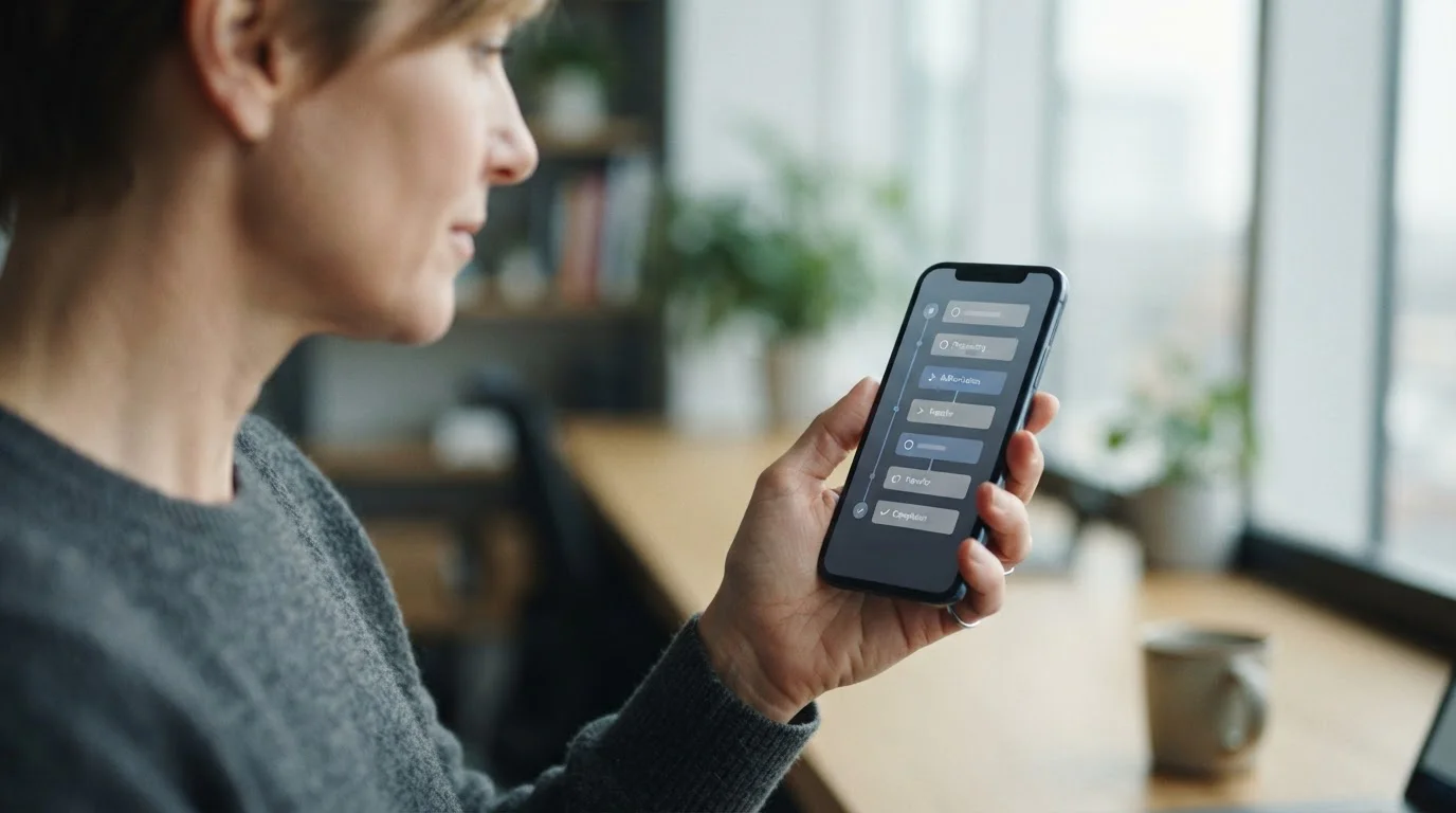 Zeitstrahl einer Banküberweisung mit Verarbeitungsschritten auf Smartphone-Display