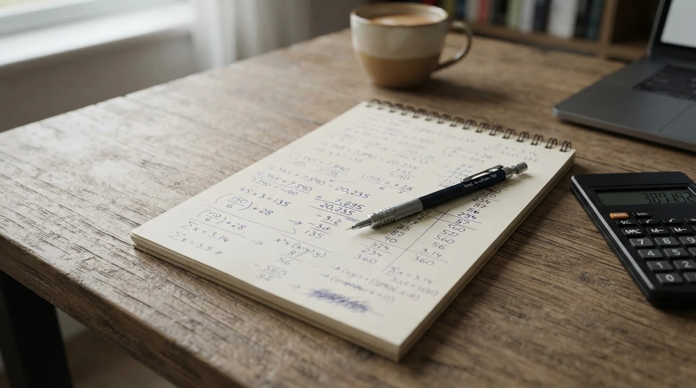 Kalkulation auf Papier mit Stift zeigt Berechnung von Bonusbedingungen und Umsatzanforderungen