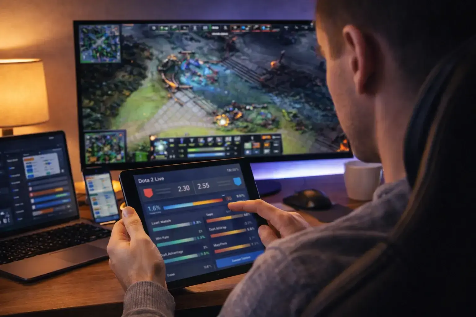 Person verfolgt Dota 2 Match auf Bildschirm mit Live-Statistiken
