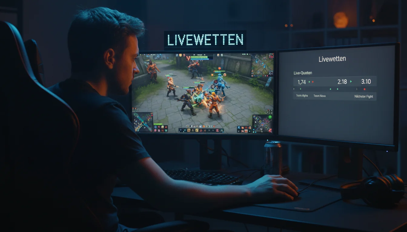 Dota 2 Livewetten — Spieler verfolgt eSport-Match mit Live-Quoten auf dem Bildschirm
