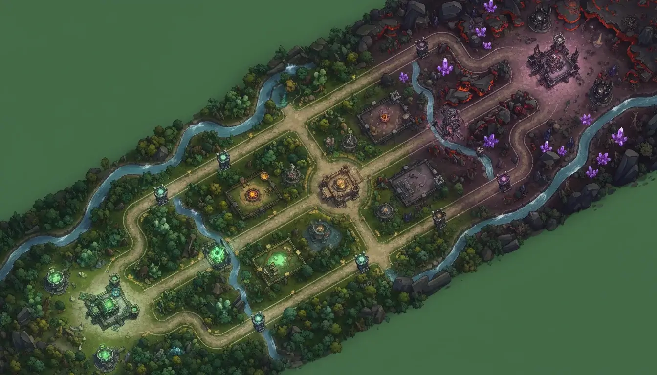 Dota 2 Spielkarte mit drei Lanes, Jungle und den Basen von Radiant und Dire