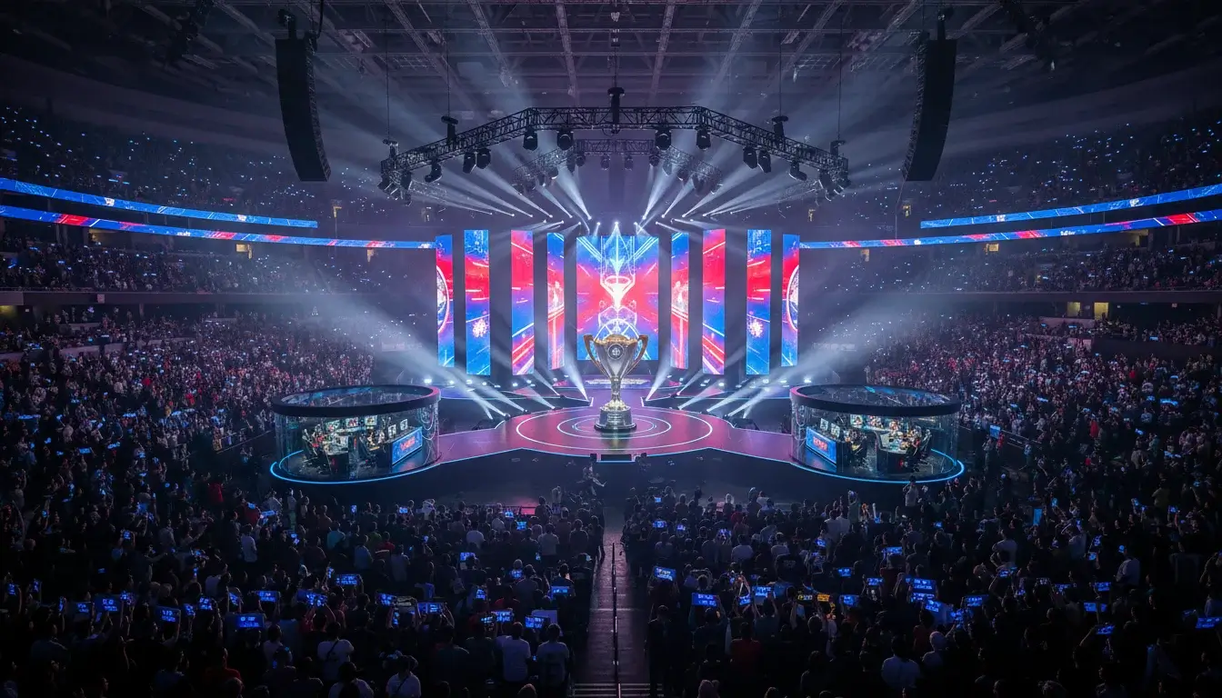 The International Dota 2 Turnier mit beleuchteter Bühne und Publikum