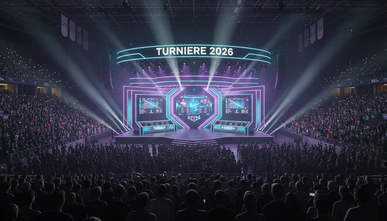 Dota 2 Turniere 2026 — eSport-Arena mit The International Bühne und Zuschauern