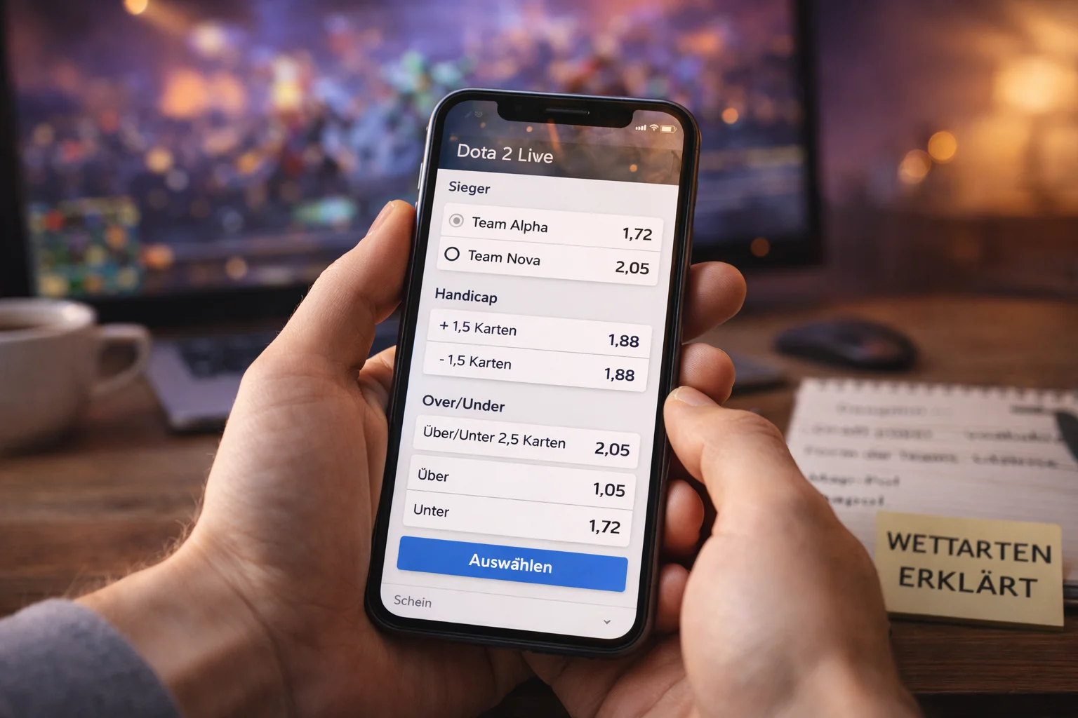 Dota 2 Wettarten erklärt — Wettschein mit Handicap- und Over/Under-Optionen