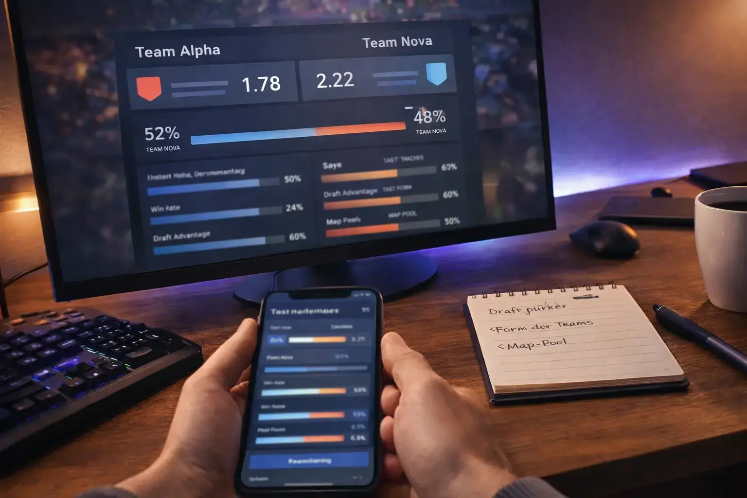 Bildschirm mit Dota 2 Wettquoten und Match-Analyse