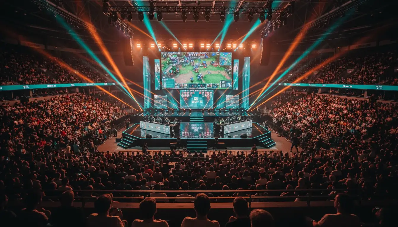 Dota 2 eSport-Arena mit Publikum und Spielern bei einem Turnier