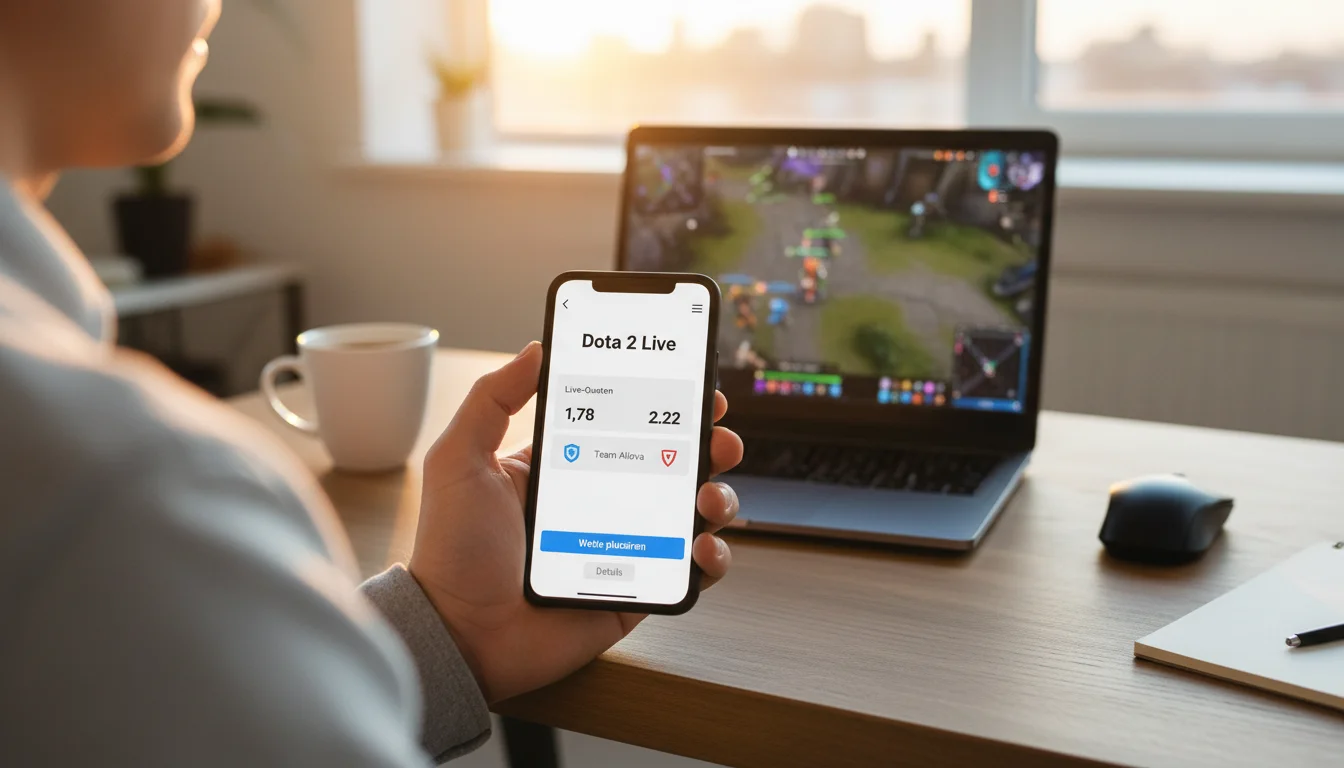 Dota 2 Mobile Wetten – Smartphone mit Wett-App neben Laptop mit Stream