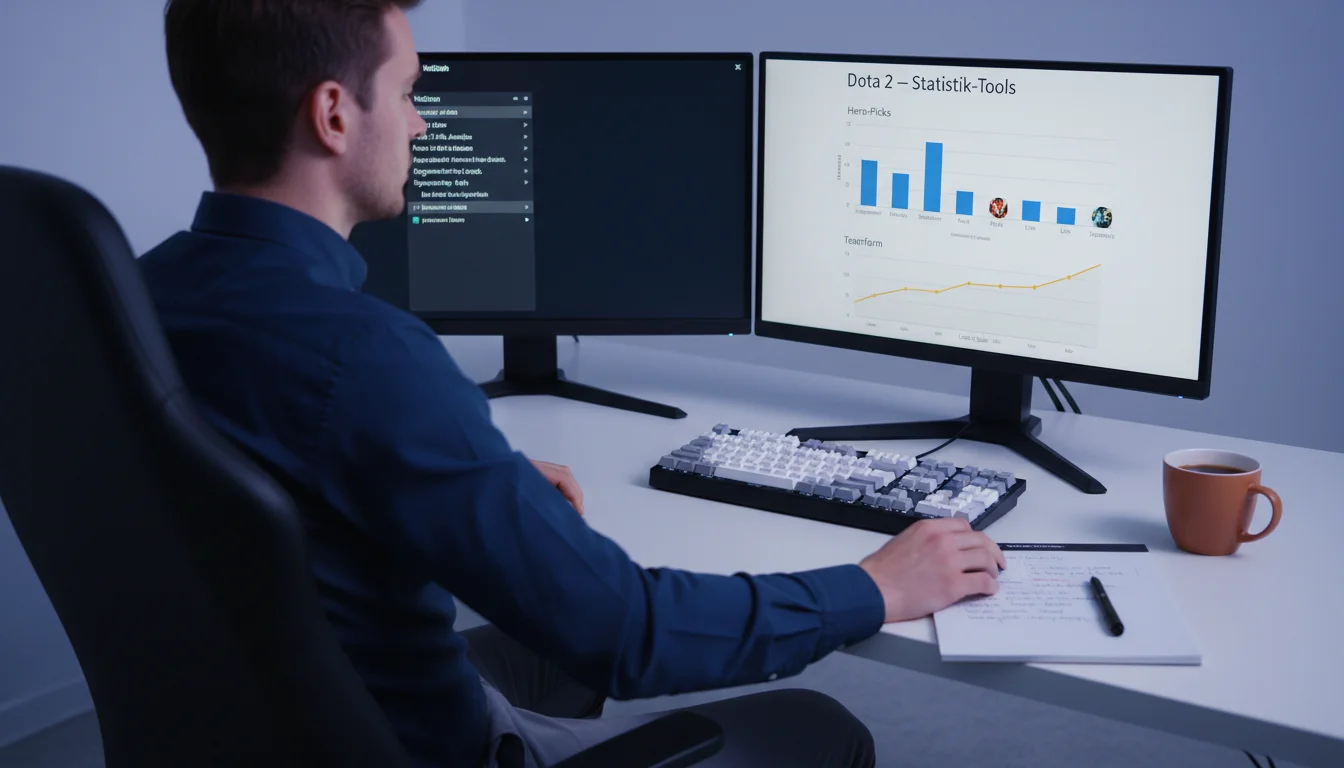 Dota 2 Statistik-Tools – Analyst betrachtet Daten auf mehreren Monitoren