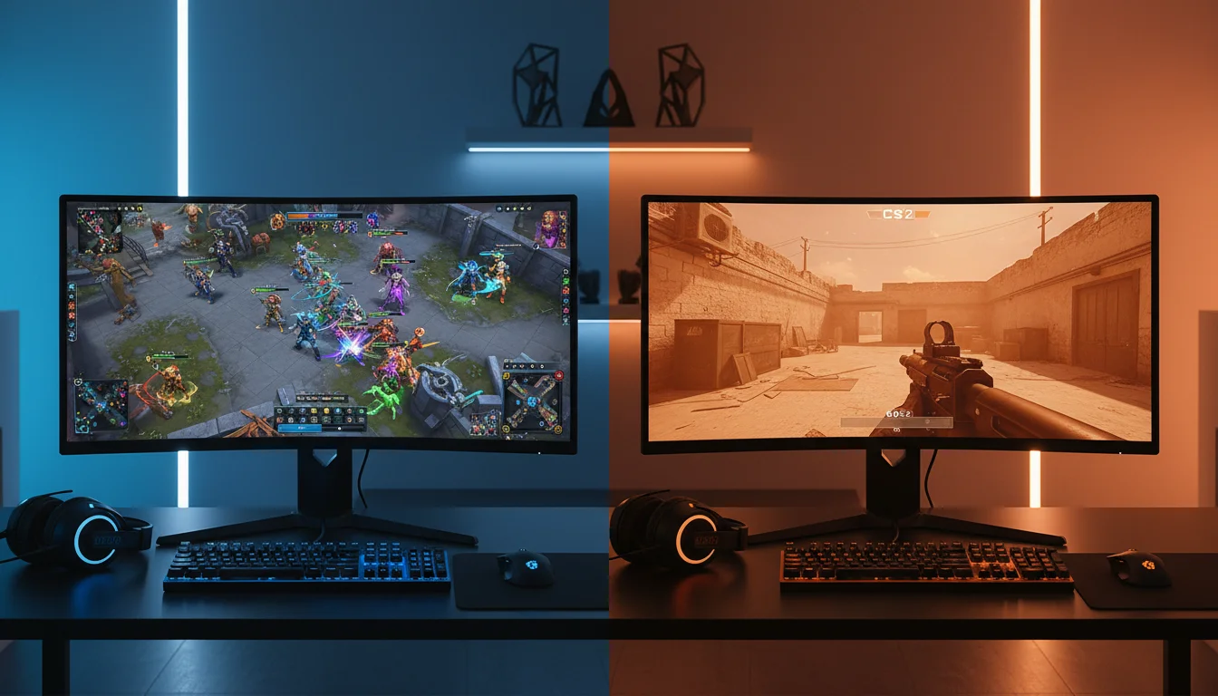 Dota 2 vs. CS2 Wetten Vergleich – zwei Spieler an Monitoren mit MOBA und Shooter