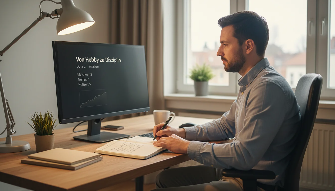 Wettkompetenz bei Dota 2 entwickeln – fokussierter Wetter mit Notizbuch vor Monitor