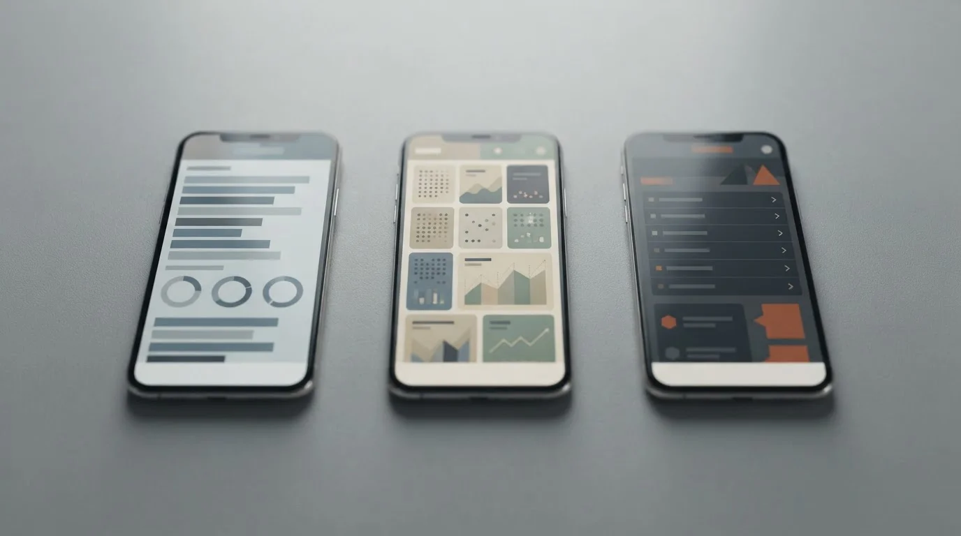 Verschiedene Smartphones nebeneinander mit abstrakten Wettanbieter-Interfaces auf den Displays