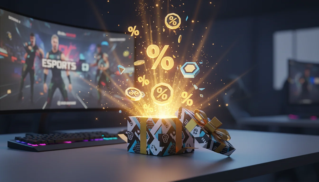 eSports Bonus Wetten – Geschenkbox mit Prozentzeichen auf Gaming-Schreibtisch