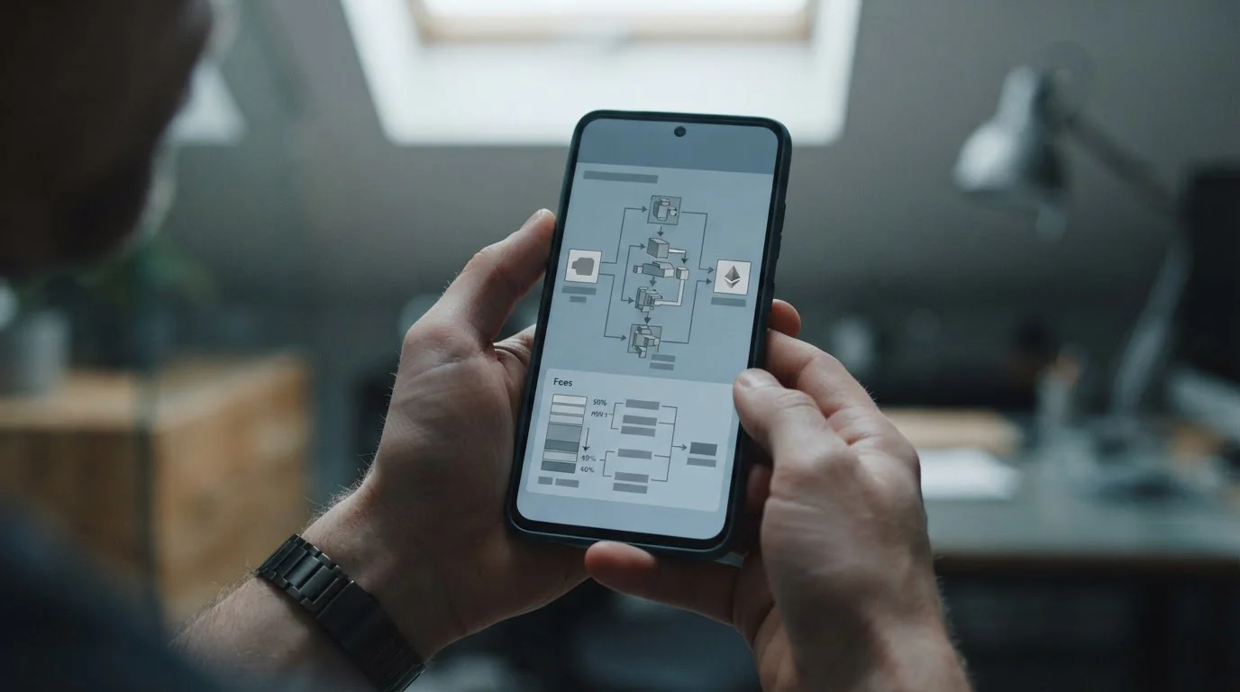 Smartphone zeigt Krypto-Zahlungsvorgang mit abstrakten Gebührenangaben