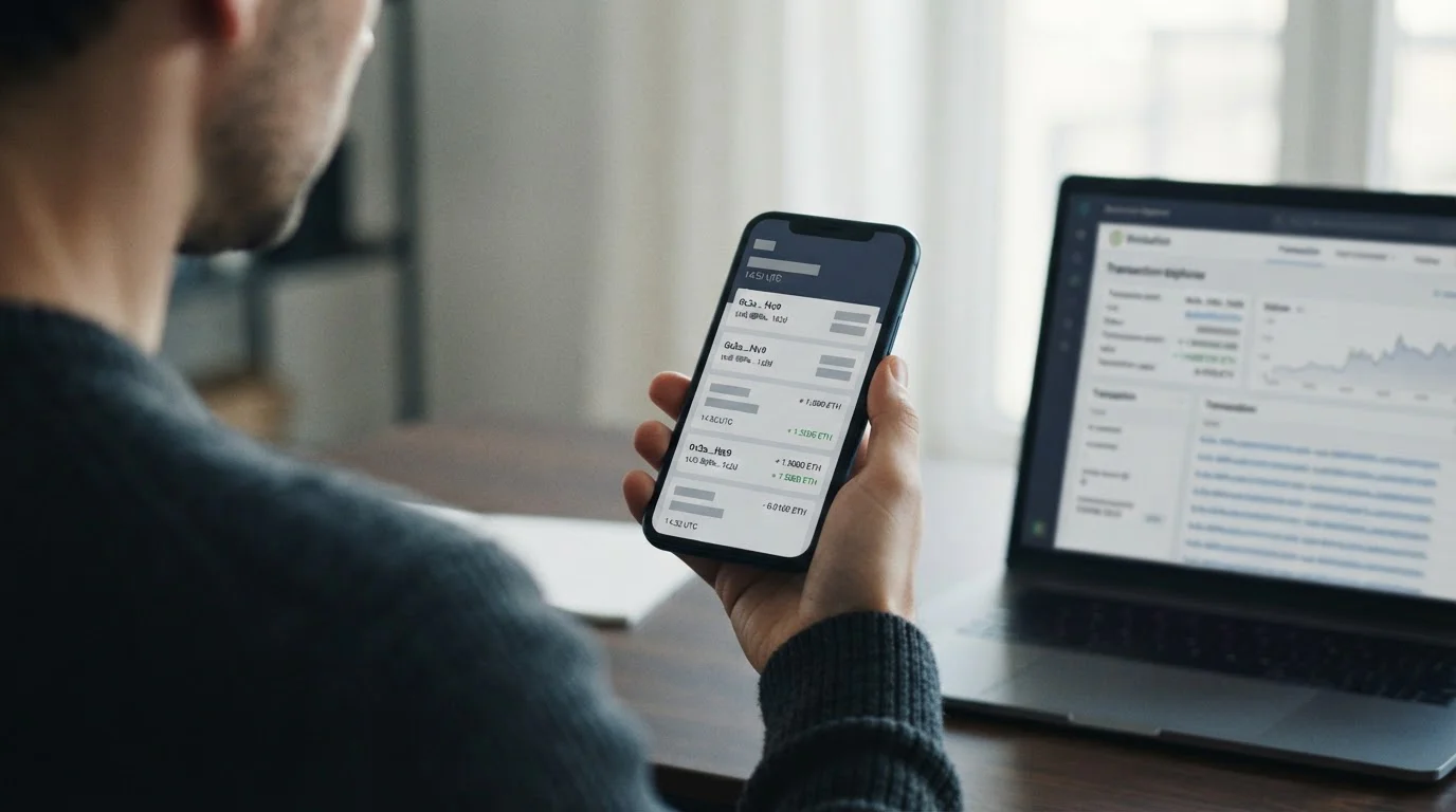 Smartphone zeigt Krypto-Wallet-Oberfläche mit Blockchain-Transaktionsdetails