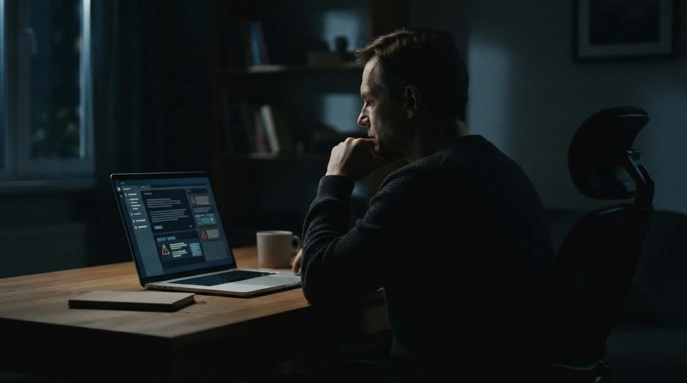 Person liest aufmerksam Informationstext über Spielerschutz und Sicherheitsmaßnahmen auf Laptop