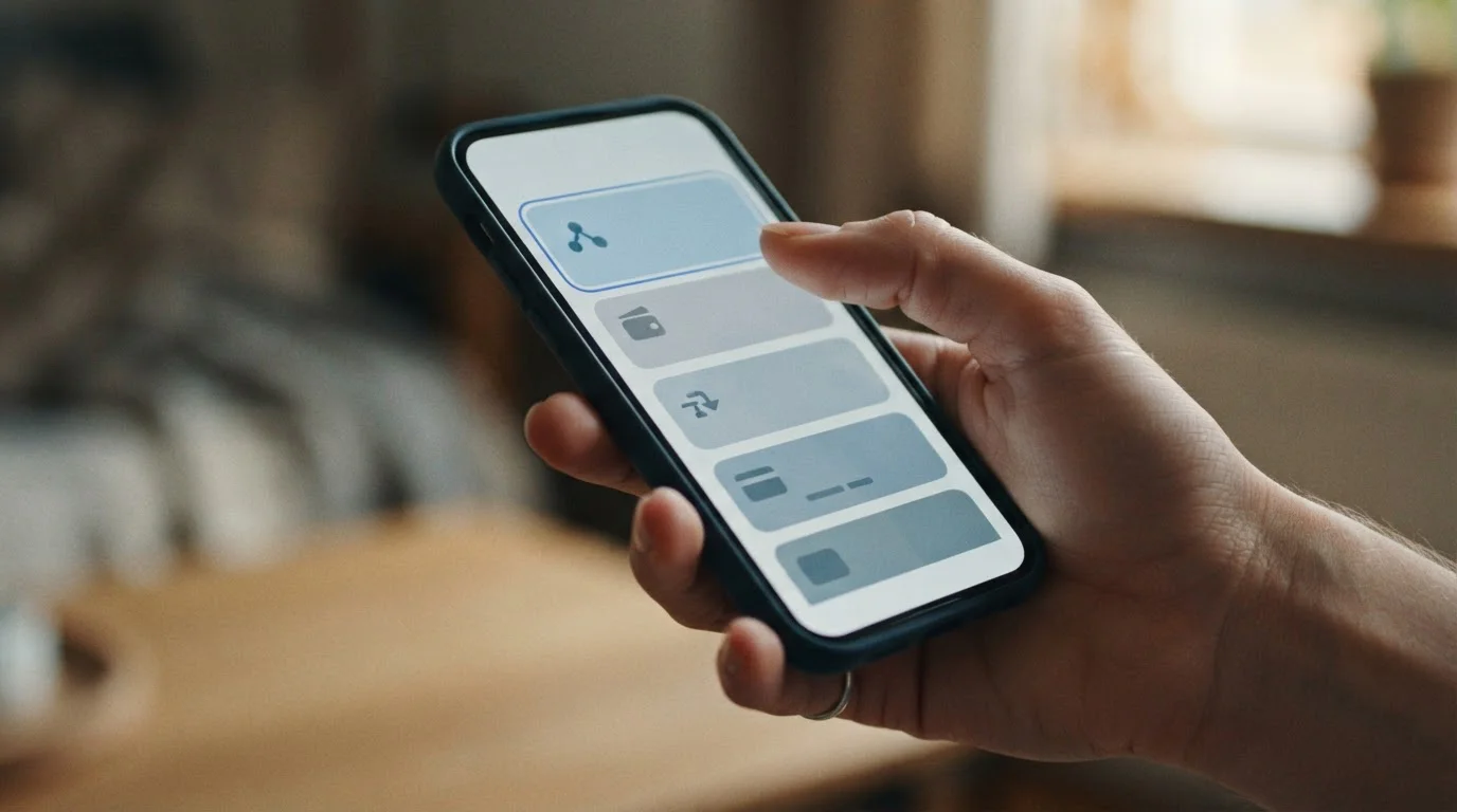 Smartphone mit Auswahl verschiedener digitaler Zahlungsoptionen in neutraler App-Oberfläche