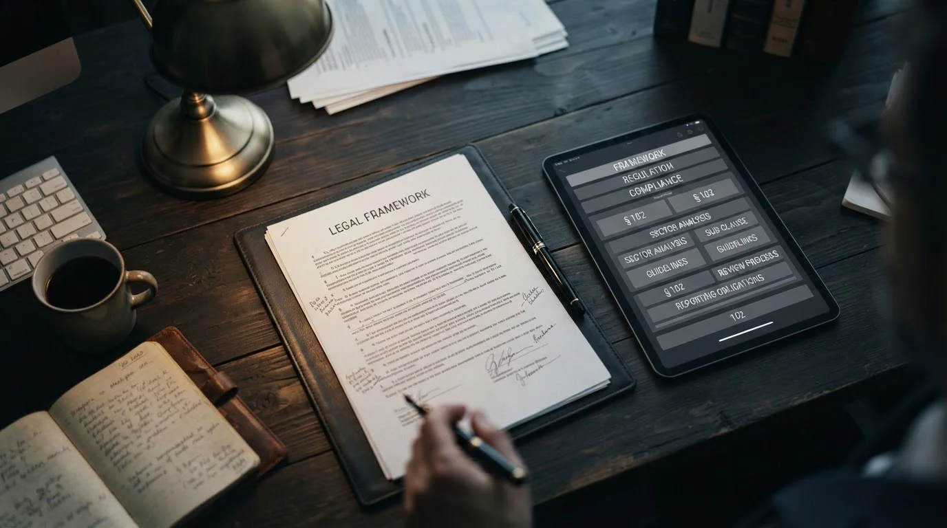 Offenes Gesetzesdokument und Tablet mit Paragraphen-Symbolen auf dunklem Schreibtisch