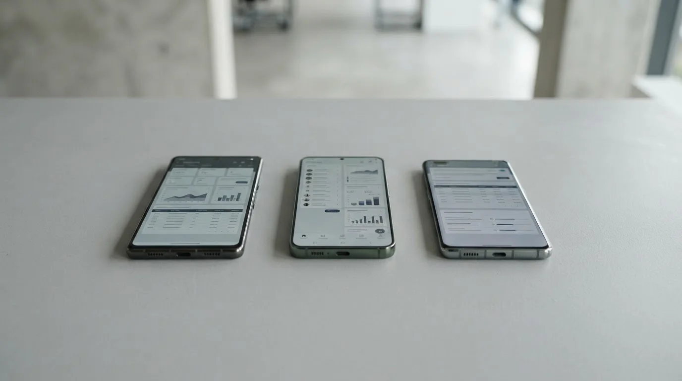Mehrere Android-Smartphones nebeneinander mit abstrakten App-Oberflächen für den Vergleich