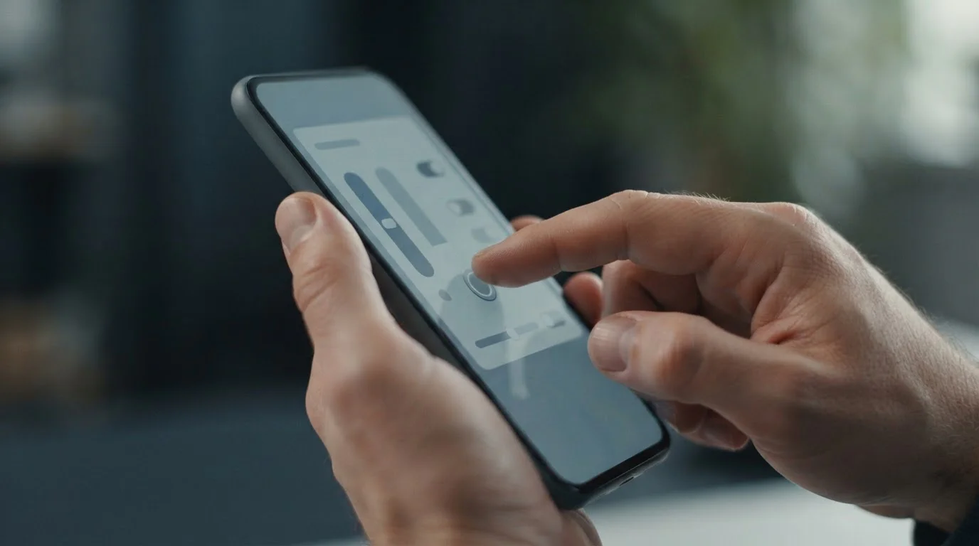 Hand stellt Limit an Smartphone-Bildschirm ein, ruhige Atmosphäre