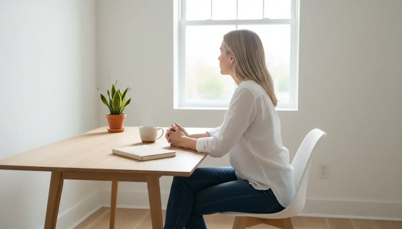 Verantwortungsvolles Wetten – Mensch sitzt ruhig am Schreibtisch mit Notizbuch