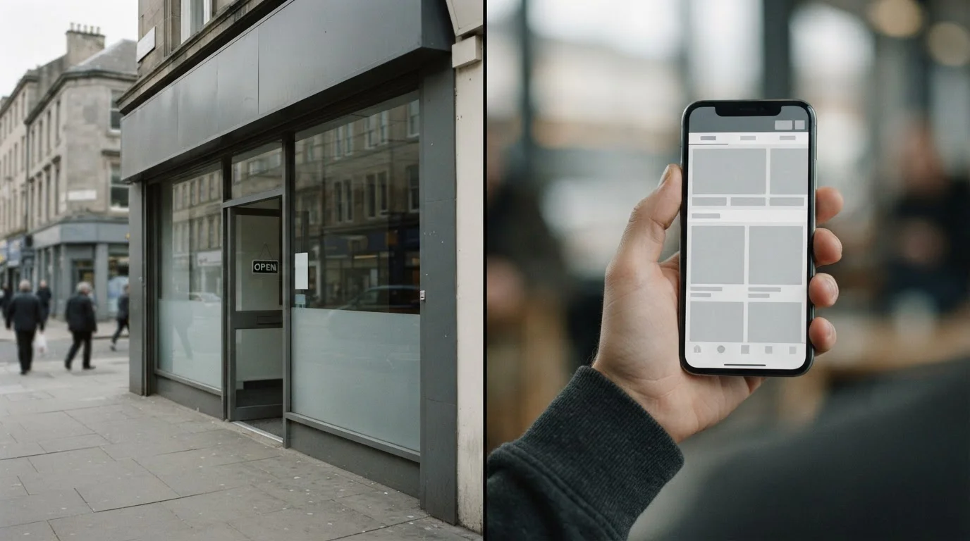 Traditionelles Wettbüro von außen und Smartphone mit neutraler Wett-Oberfläche