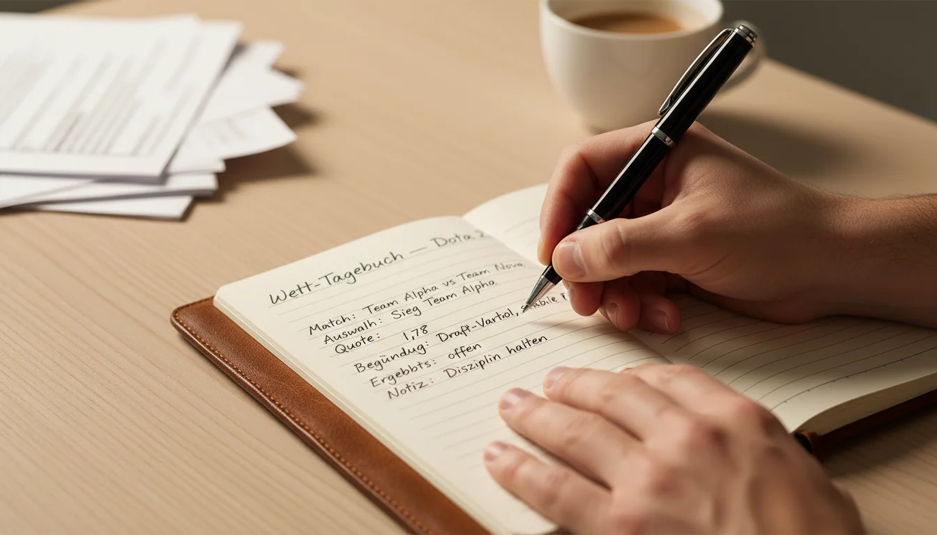 Wetttagebuch bei Dota 2 – Hand schreibt Notizen in Notizbuch am Schreibtisch