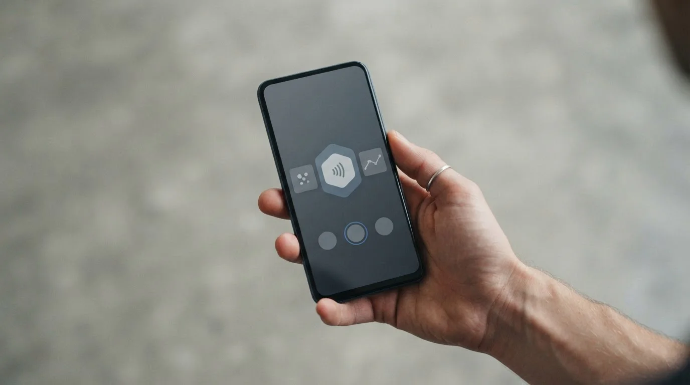 Smartphone mit abstrakter Zahlungsschnittstelle auf neutralem Hintergrund